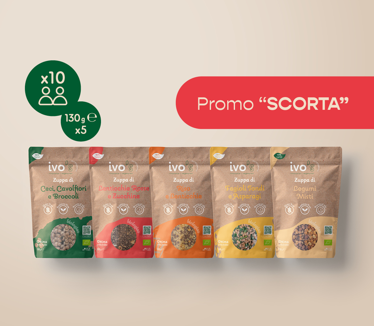 L'intera gamma di zuppe pronte ivo's a un prezzo speciale!
Divertiti a combinare tra loro i nostri mix biologici di verdure e legumi: potrai cucinare facilmente per tutta la famiglia nuovi piatti sazianti, fantasiosi e appetitosi. La scorta ivo's è perfetta per variare la dieta settimanale e avere la dispensa sempre pronta, anche in caso di cene improvvisate o impegni dell'ultimo momento; inoltre, puoi anche portare le buste in ufficio e gustarti ogni giorno della settimana un pasto sempre diverso... e sempre buonissimo!
Ogni busta ivo's contiene due porzioni, ottime anche fredde! E le spese di spedizione sono gratutite!
L'intera gamma di zuppe pronte ivo's a un prezzo speciale!
Divertiti a combinare tra loro i nostri mix biologici di verdure e legumi: potrai cucinare facilmente per tutta la famiglia nuovi piatti sazianti, fantasiosi e appetitosi. La scorta ivo's è perfetta per variare la dieta settimanale e avere la dispensa sempre pronta, anche in caso di cene improvvisate o impegni dell'ultimo momento; inoltre, puoi anche portare le buste in ufficio e gustarti ogni giorno della settimana un pasto sempre diverso... e sempre buonissimo!
Ogni busta ivo's contiene due porzioni, ottime anche fredde! E le spese di spedizione sono gratutite!